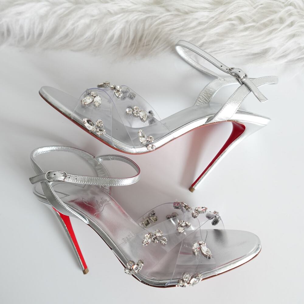 Christian Louboutin Degrasandal Queen 100 Silver Leather PVC Crystal Pumps 40 - Picture 5 of 16